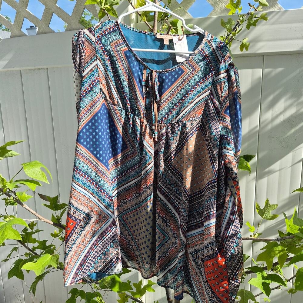 NWT Gibson + Latimer Boho Peasant Top‎ Blue/Orange Geometric Print. Sz L